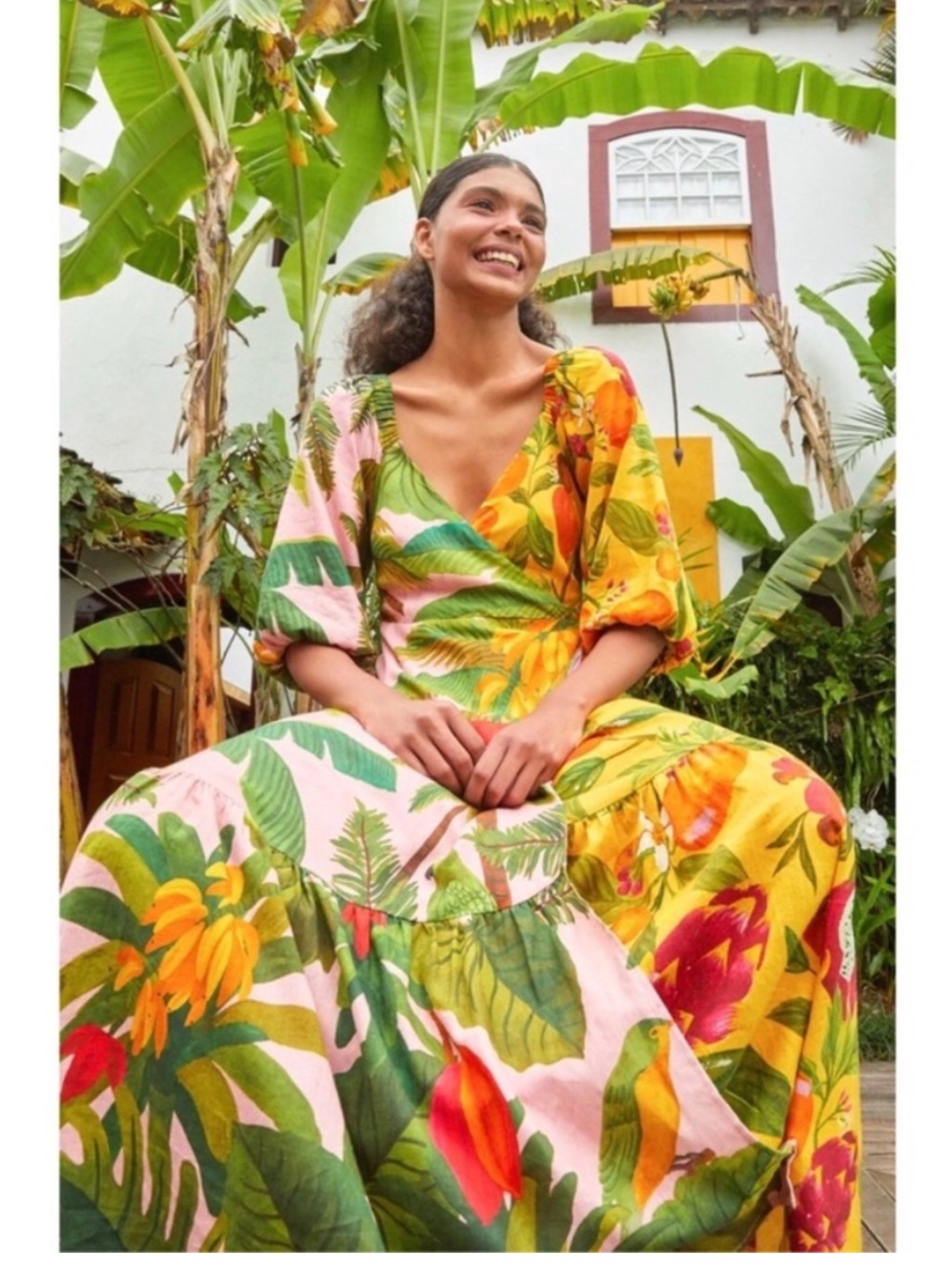 FARM RIO Tropical Mix Print Wrap Linen Maxi Dress - Multicolor L - Picture 3 of 13
